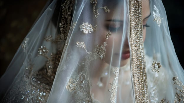 A bride dressed in lavish attire gracefully adjusts her ornate veil, ready for the traditional wedding festivities. photo