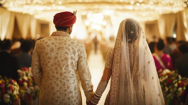 A couple stands together, holding hands during their wedding ceremony in a beautifully decorated indoor venue filled with soft lighting and floral arrangements. photo
