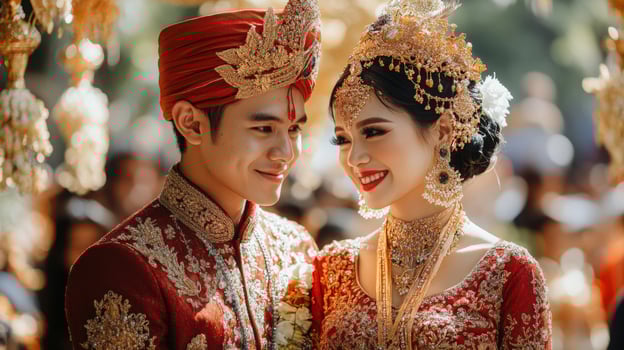 A joyful couple in traditional attire stands close together, smiling during their wedding celebration surrounded by floral decorations. photo
