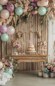 A table with balloons and flowers and a cake photo