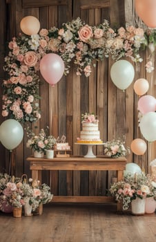 A cake and balloons on a wooden table photo