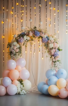 A whimsical birthday setup with a floral arch, pastel-colored balloons, and fairy lights hanging in the background, perfect for a dreamy celebration photo