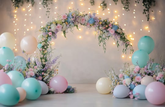 A whimsical birthday setup with a floral arch, pastel-colored balloons, and fairy lights hanging in the background, perfect for a dreamy celebration photo