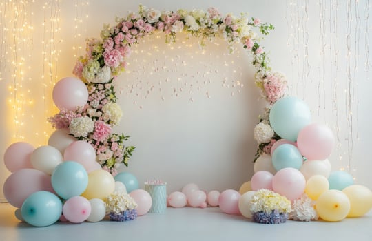A whimsical birthday setup with a floral arch, pastel-colored balloons, and fairy lights hanging in the background, perfect for a dreamy celebration photo