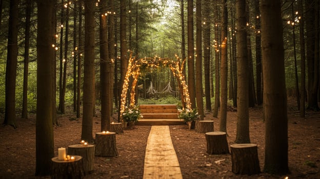 A beautifully arranged wedding altar amidst tall trees, adorned with string lights and surrounding wooden benches, creating a romantic atmosphere for an outdoor ceremony. photo
