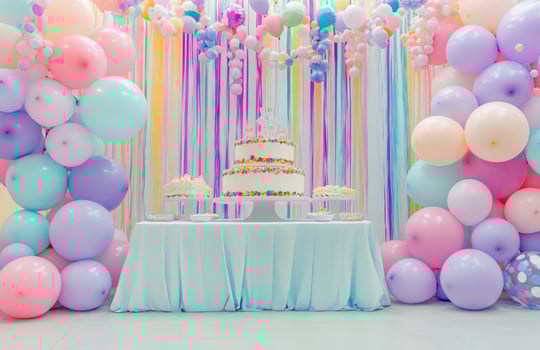 A colorful birthday setup with pastel balloons, a large cake table, and streamers hanging from the ceiling, creating a festive atmosphere photo
