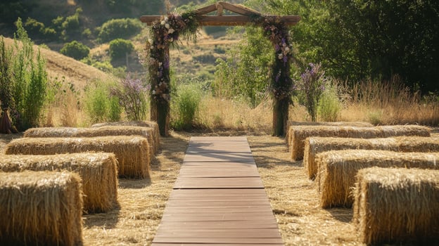 An inviting altar made of wood and flowers stands before rows of hay bales in a picturesque meadow. photo