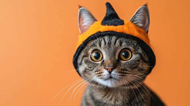 Cute Tabby Cat in Halloween Costume with Orange Background photo