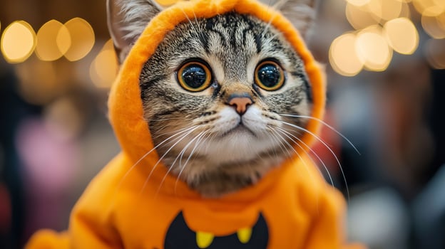 Cute Cat in Orange Halloween Costume with Bokeh Background photo