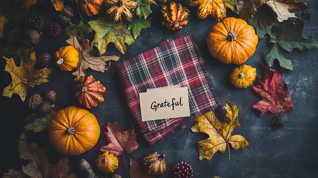 Autumn Thanksgiving Fall Leaves Pumpkins Plaid Background photo