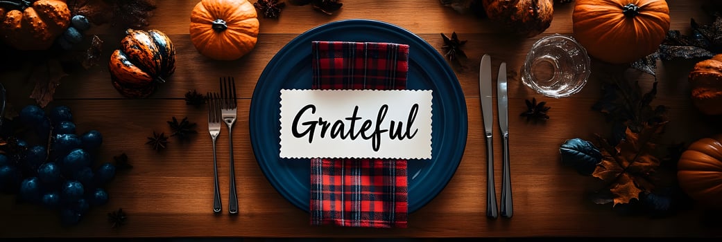 Thanksgiving Table Setting with Pumpkins Grapes and a Grateful Note photo