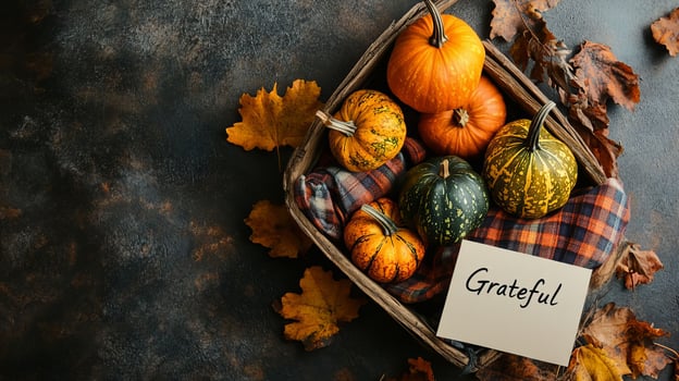 Autumn Pumpkins Plaid Blanket Fall Leaves Rustic Background Gratefulness Thankful Thanksgiving photo