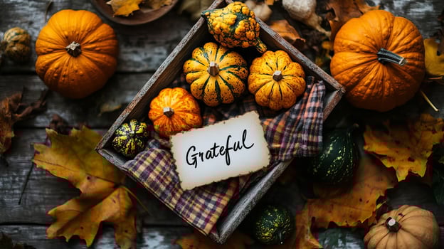 Autumn Pumpkins and Leaves with Grateful Sign photo