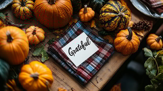 Autumn Table Setting with Pumpkins and Plaid Napkin photo