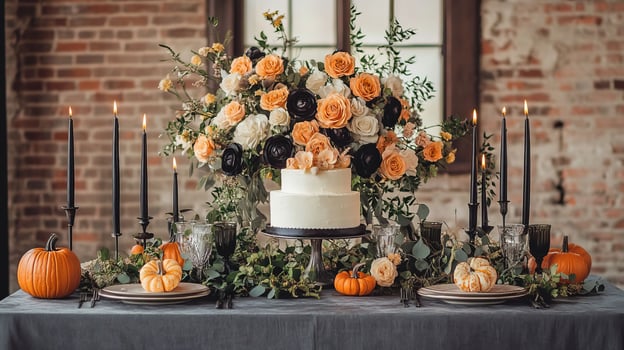 Fall Wedding Table Setting with Cake Pumpkins and Flowers photo