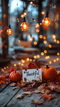 Thanksgiving Table Setting with Pumpkins Autumn Leaves and String Lights photo