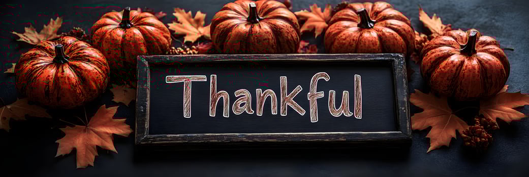 Thanksgiving Pumpkins with Chalkboard Sign Thankful photo