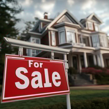 Beautiful red-bricked house with a for sale sign in the front yard during sunset photo