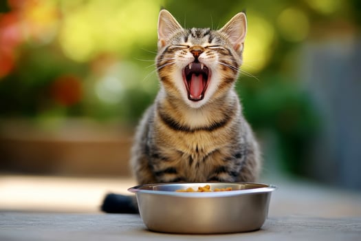 a Cute cat Yawning and Looking at Food Bowl. photo