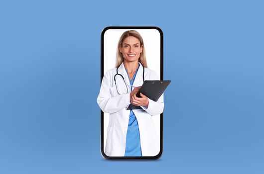 Millennial blonde woman doctor displayed on a smartphone screen, representing an accessible telehealth service, collage photo