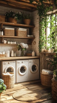 Laundry room with washing machine and wicker baskets in cozy rustic style photo