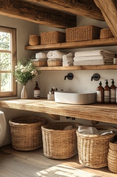 Interior of laundry room and wicker baskets decorated photo