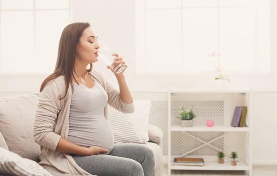 Pregnant woman drinking water sitting on sofa. Young expectant lady have rest at home with glass, copy space. Pregnancy, healthcare, thirst concept photo
