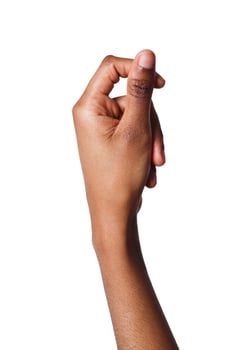 Female african-american hand knocking isolated on white background. Black woman gesturing, closeup, copy space photo