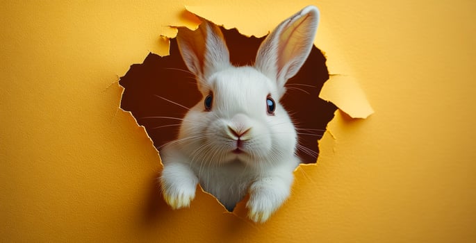 A white rabbit is peeking out of a hole in a yellow background. The rabbit is curious and playful, as it looks up at the camera. The scene is whimsical and lighthearted photo