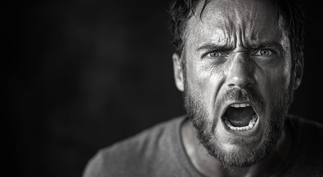 A man with a beard and a mouth open in a black and white photo. The man's expression is angry and he is yelling photo