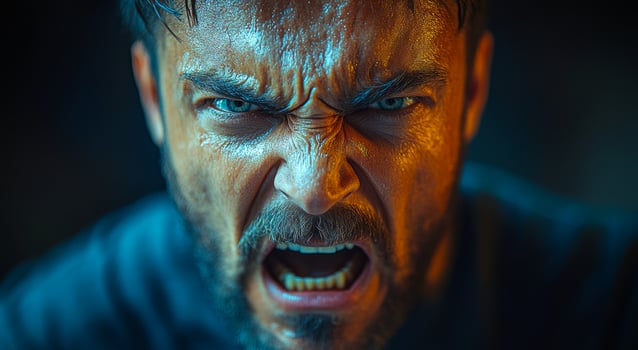 A man with a scowl on his face and his mouth open. He looks angry and is wearing a black shirt photo