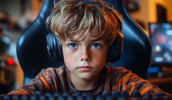 A young boy wearing headphones is sitting in front of a computer keyboard. He is focused on the screen and he is playing a game photo