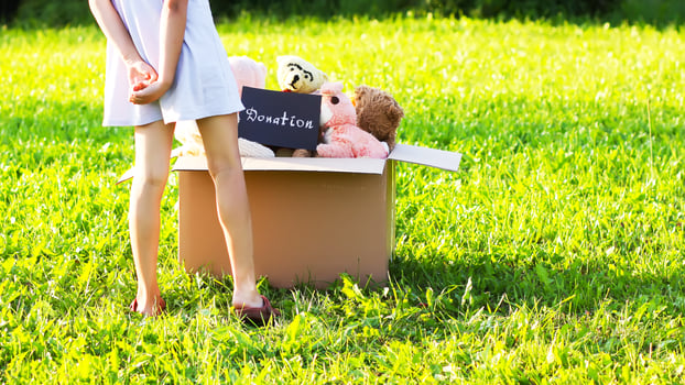 Child collecting toys for charity. Soft toys in cardboard doantion box outdoors. photo