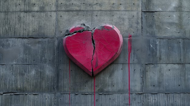 Red heart with visible cracks on grey concrete wall background image. Paint drips running down industrial surface photo backdrop wallpaper realistic. Broken love concept photorealistic