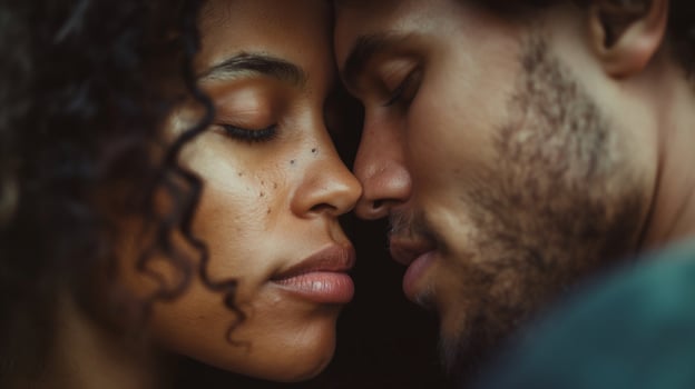 Black couple gently leaning into each other, foreheads touching closeup image. African american affectionate husband wife close up photography. Romantic bonding concept photo realistic