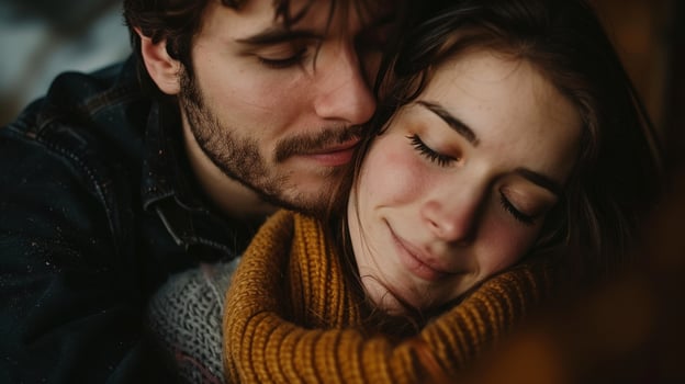 Wrapped in warm clothing couple hugging with eyes closed closeup image. Husband embracing wife cuddling close up photography. Romantic connection. Winter love concept photo realistic