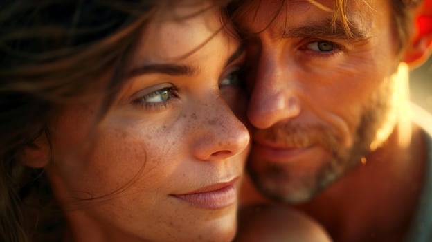 Mature couple smiling in warm sunset light closeup image. Golden hour glow on relaxed expressions spouses close up photography. Candid intimacy. Romantic mood concept photo realistic