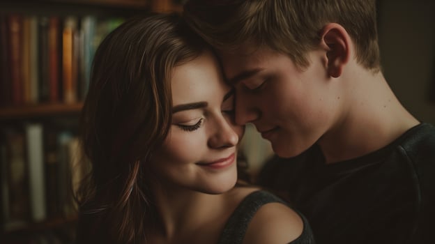 Sweet embrace of young couple in cozy library closeup image. Caucasian young adults gently resting foreheads together close up photography. Loving relationships concept photo realistic
