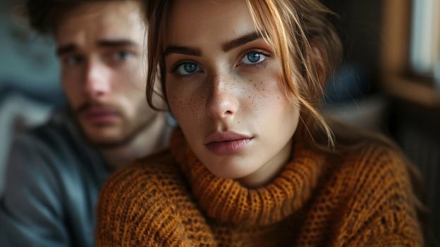 Young woman in mustard sweater looks intently at camera portrait image. Blurred partner. Female expressive eyes picture photorealistic photography. Toxic relationships concept photo
