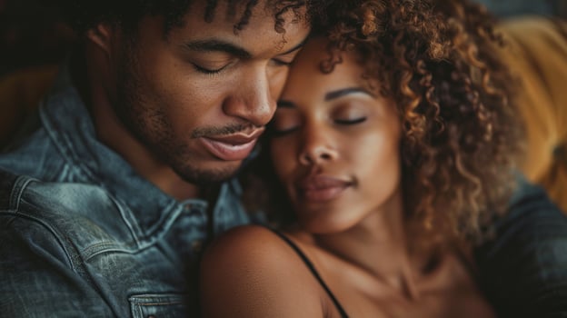 African american couple sharing intimate moment, eyes closed closeup image. Black man wearing denim jacket, afro hair woman close up photography. Peaceful comfort concept photo realistic