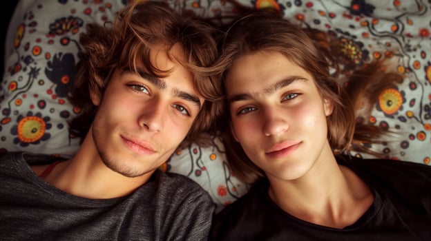 Two siblings lying side by side on bed together portrait image. Relaxed young adults gazing contently at camera picture photorealistic photography. Family comfort concept photo realistic