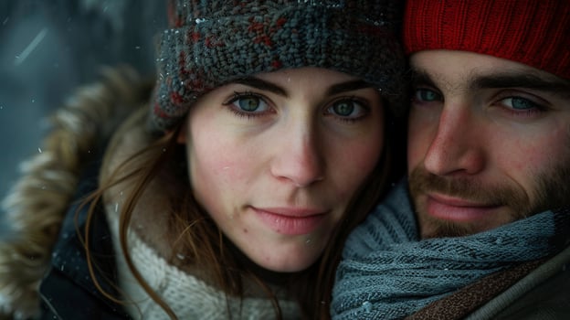Caucasian couple in winter clothing closeup image. Spouses dressed in warm woolen hats gazes directly at camera close up photography. Wintertime fashion concept photo realistic