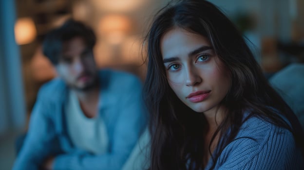 Thoughtful woman in dimly lit room with distant partner portrait image. Emotional tension, introspection picture photorealistic photography. Toxic relationships concept photo realistic