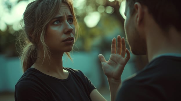 Emotional conflict between couple closeup image. Distressed woman raising hand in frustration close up photography. Relationships issues. Emotionally charged conversation concept photo