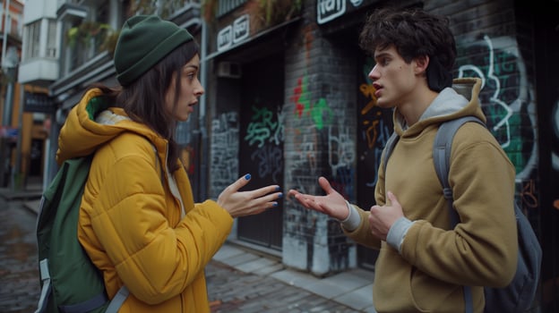 Two young adults engage in heated debate in urban alleyway image. Couple quarreling against graffiti walls photography scene wallpaper. Relationship argument concept photorealistic photo