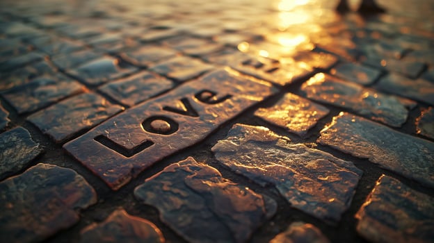 Love engraved on cobblestone pathway in golden hour light closeup image. Warm romantic glow love inscription close up photography. Commitment affection concept photo realistic