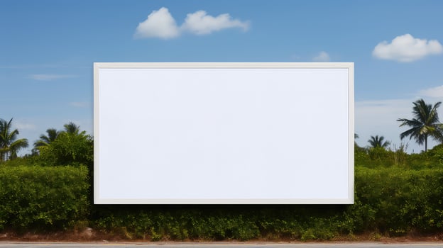 A large white sign is in front of a green bush photo