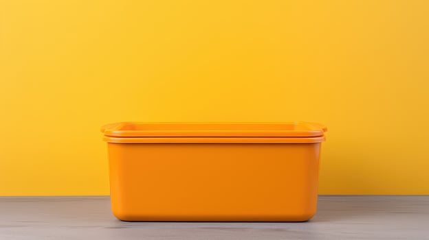 A large orange container sits on a yellow wall photo