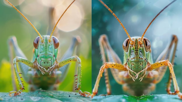 A collage of a grasshopper with two images displaying its vivid green and orange hues, photo