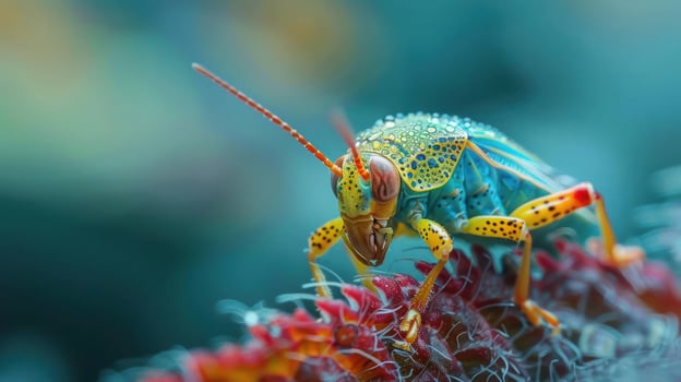 A close-up photograph of a brightly colored bug with vivid blue and yellow markings, photo